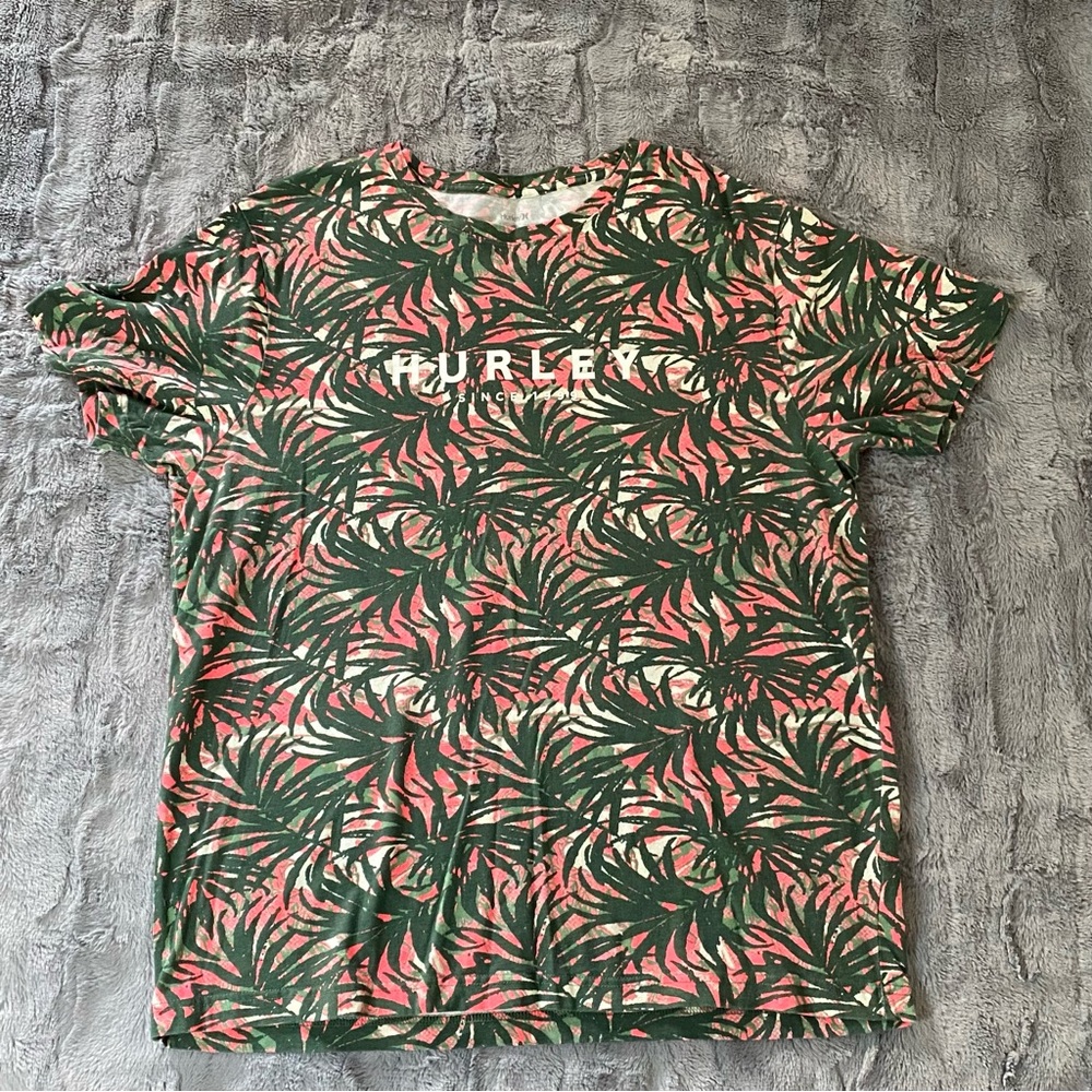 Hurley Men’s Tropical Leafy Print T-Shirt - Green and Pink